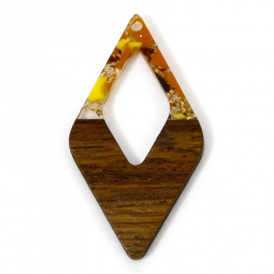 Picture of 2 PCs Resin & Natural Wood Effect Resin Pendants Yellow Rhombus Gravels Chips 4.8cm x 2.6cm