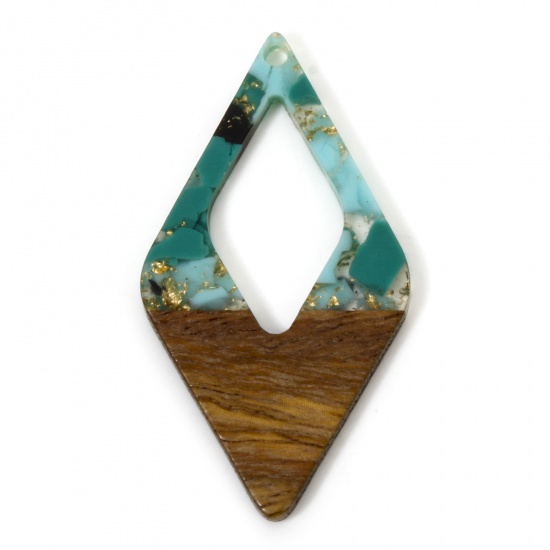 Picture of 2 PCs Resin & Natural Wood Effect Resin Pendants Blue Rhombus Gravels Chips 4.8cm x 2.6cm