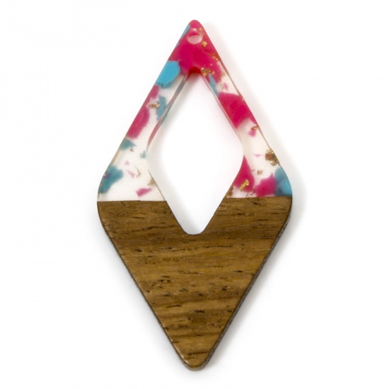 Picture of 2 PCs Resin & Natural Wood Effect Resin Pendants Fuchsia Rhombus Gravels Chips 4.8cm x 2.6cm