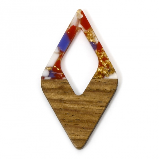 Picture of 2 PCs Resin & Natural Wood Effect Resin Pendants Purple Rhombus Gravels Chips 4.8cm x 2.6cm