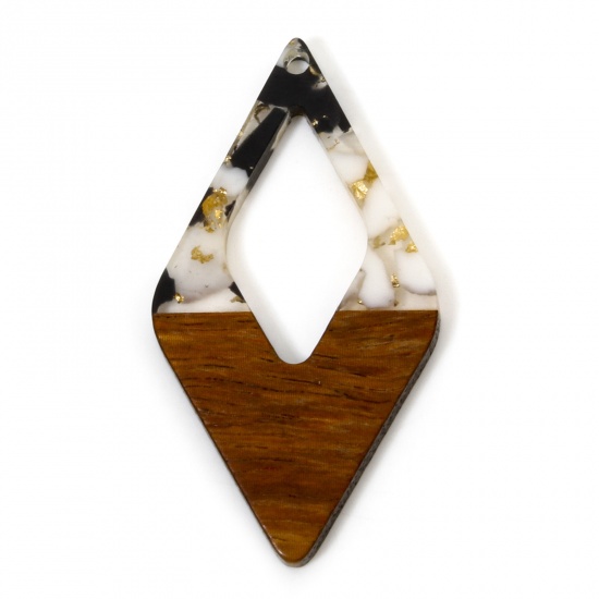 Picture of 2 PCs Resin & Natural Wood Effect Resin Pendants Black & White Rhombus Gravels Chips 4.8cm x 2.6cm