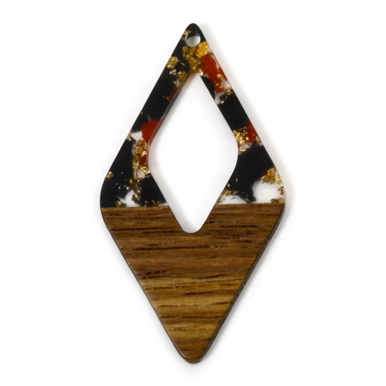 Picture of 2 PCs Resin & Natural Wood Effect Resin Pendants Black & Red Rhombus Gravels Chips 4.8cm x 2.6cm