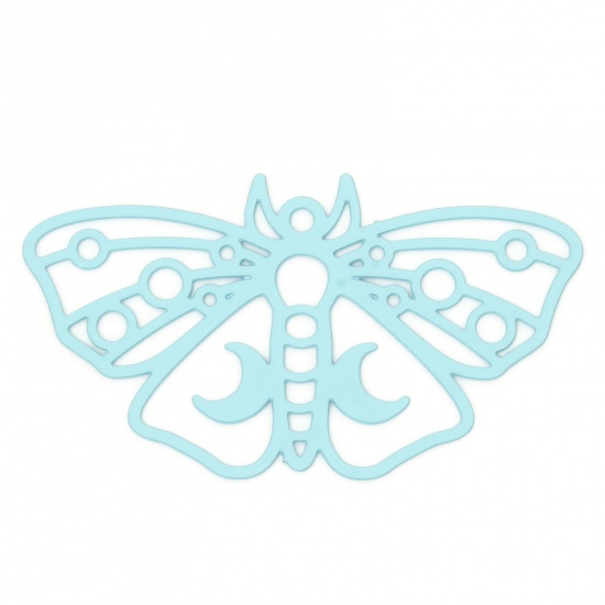 Picture of 10 PCs Iron Based Alloy Filigree Stamping Pendants Blue Moth Moon Hollow 3.8cm x 2.2cm