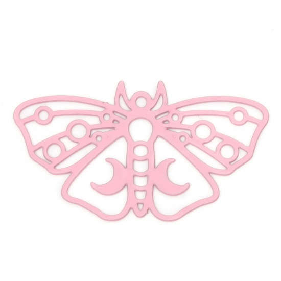 Picture of 10 PCs Iron Based Alloy Filigree Stamping Pendants Pink Moth Moon Hollow 3.8cm x 2.2cm