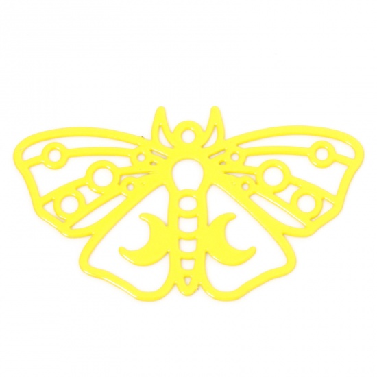 Picture of 10 PCs Iron Based Alloy Filigree Stamping Pendants Yellow Moth Moon Hollow 3.8cm x 2.2cm