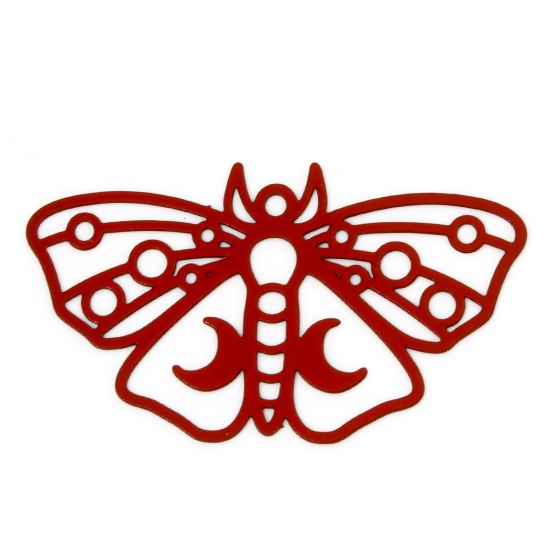 Picture of 10 PCs Iron Based Alloy Filigree Stamping Pendants Red Moth Moon Hollow 3.8cm x 2.2cm