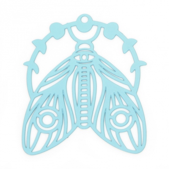 Picture of 10 PCs Iron Based Alloy Filigree Stamping Pendants Blue Moth Moon Phases Hollow 3.9cm x 3.3cm