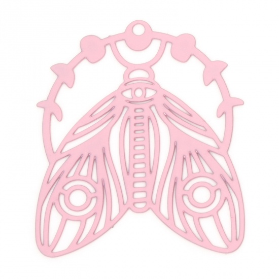 Picture of 10 PCs Iron Based Alloy Filigree Stamping Pendants Pink Moth Moon Phases Hollow 3.9cm x 3.3cm