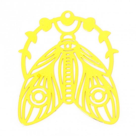 Picture of 10 PCs Iron Based Alloy Filigree Stamping Pendants Yellow Moth Moon Phases Hollow 3.9cm x 3.3cm