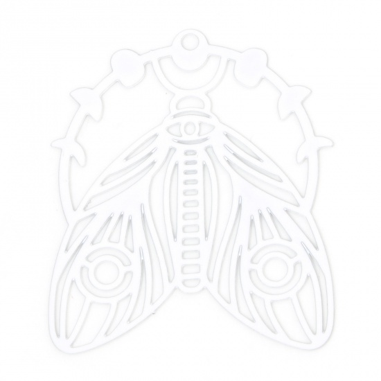 Picture of 10 PCs Iron Based Alloy Filigree Stamping Pendants White Moth Moon Phases Hollow 3.9cm x 3.3cm