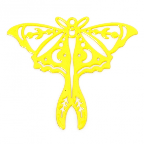 Picture of 10 PCs Iron Based Alloy Filigree Stamping Pendants Yellow Moth Moon Phases Hollow 4.1cm x 3.5cm