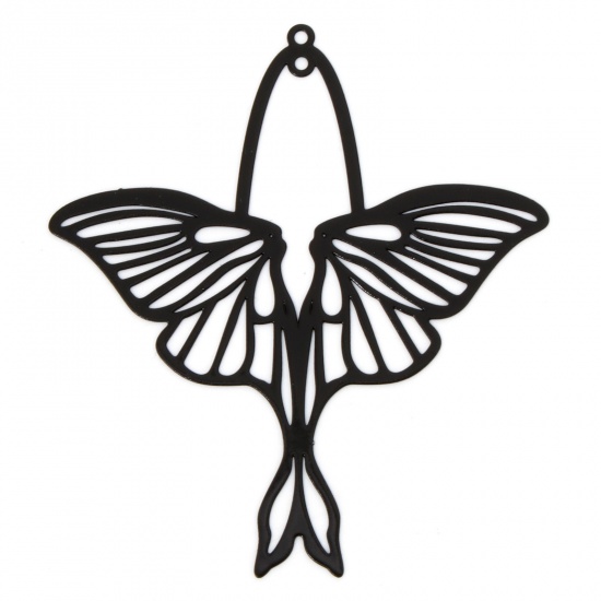 Picture of 5 PCs Iron Based Alloy Filigree Stamping Pendants Black Moth Hollow 6cm x 5.4cm