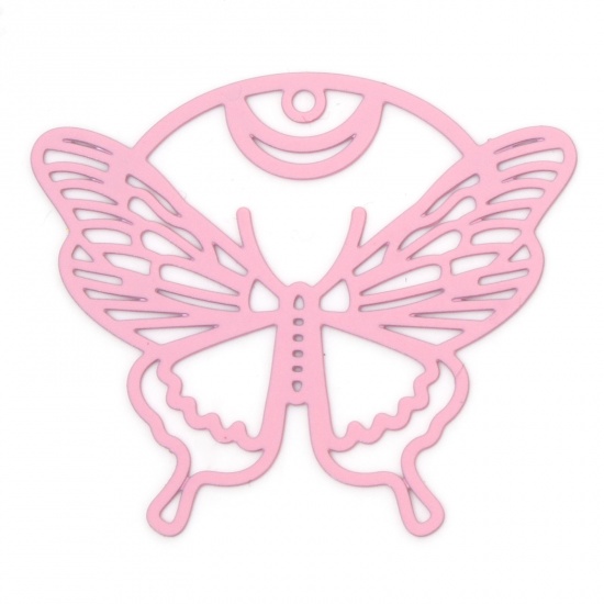 Picture of 10 PCs Iron Based Alloy Filigree Stamping Pendants Pink Butterfly Animal Hollow 3.7cm x 3.2cm