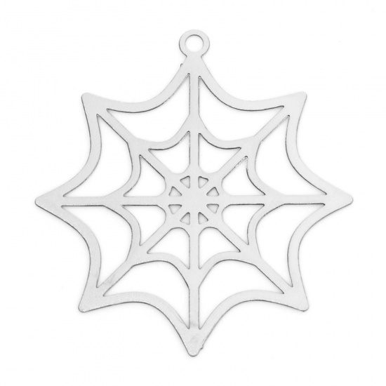 Picture of 10 PCs Iron Based Alloy Halloween Pendants Silver Tone Halloween Cobweb Hollow 3.3cm x 3.1cm