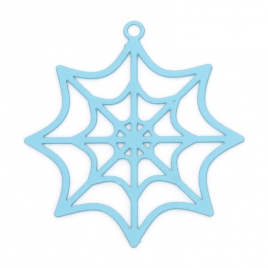 Picture of 10 PCs Iron Based Alloy Halloween Pendants Blue Halloween Cobweb Hollow 3.3cm x 3.1cm