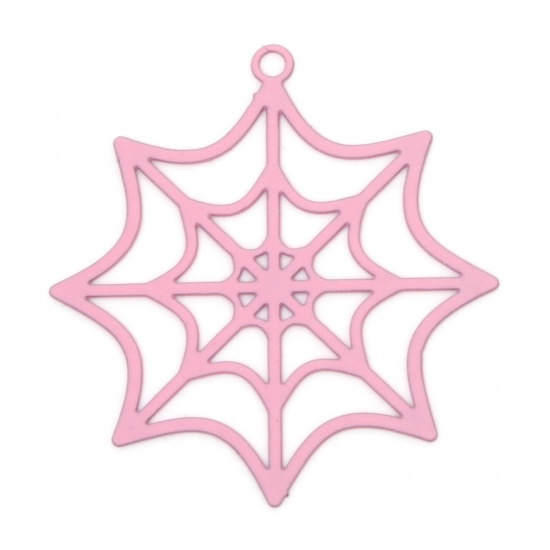 Picture of 10 PCs Iron Based Alloy Halloween Pendants Pink Halloween Cobweb Hollow 3.3cm x 3.1cm