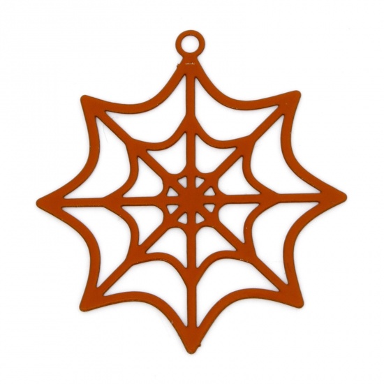 Picture of 10 PCs Iron Based Alloy Halloween Pendants Dark Orange Halloween Cobweb Hollow 3.3cm x 3.1cm