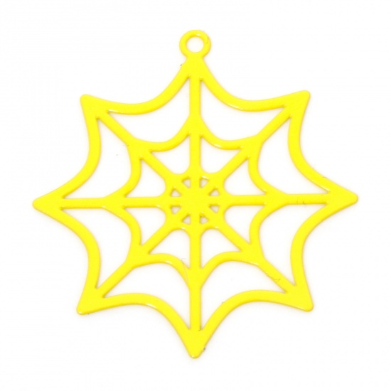 Picture of 10 PCs Iron Based Alloy Halloween Pendants Yellow Halloween Cobweb Hollow 3.3cm x 3.1cm