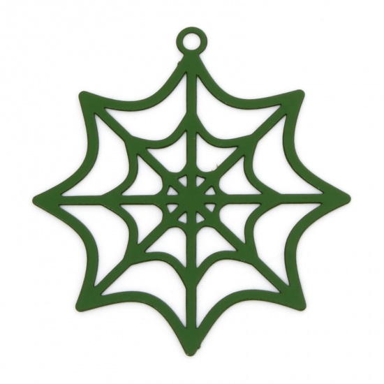 Picture of 10 PCs Iron Based Alloy Halloween Pendants Green Halloween Cobweb Hollow 3.3cm x 3.1cm