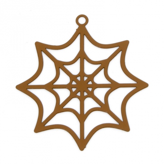 Picture of 10 PCs Iron Based Alloy Halloween Pendants Khaki Halloween Cobweb Hollow 3.3cm x 3.1cm