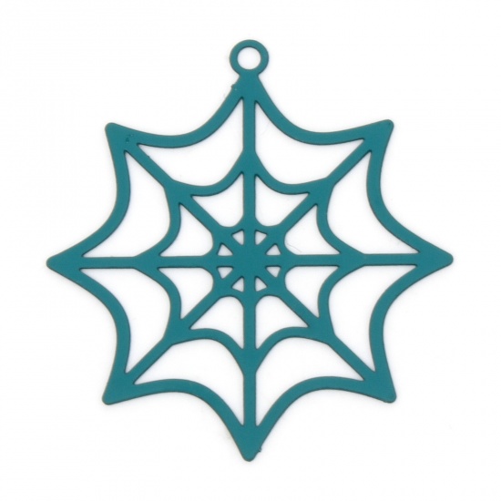 Picture of 10 PCs Iron Based Alloy Halloween Pendants Peacock Green Halloween Cobweb Hollow 3.3cm x 3.1cm