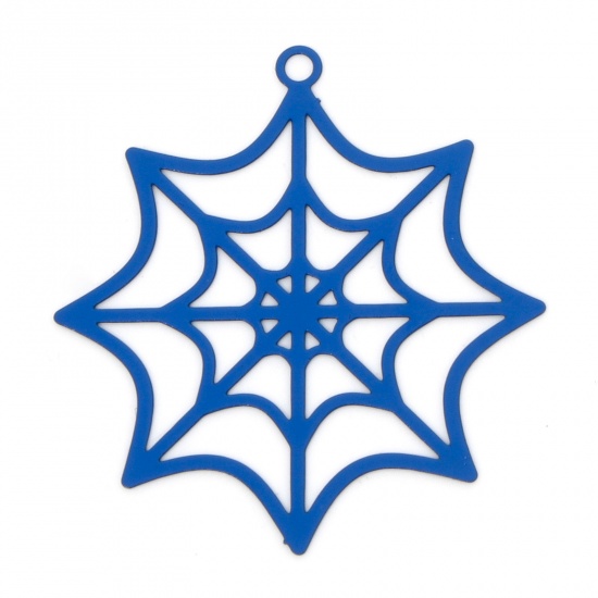 Picture of 10 PCs Iron Based Alloy Halloween Pendants Royal Blue Halloween Cobweb Hollow 3.3cm x 3.1cm