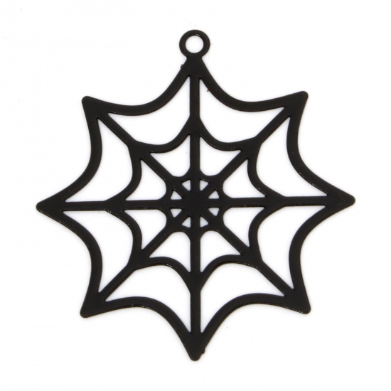 Picture of 10 PCs Iron Based Alloy Halloween Pendants Black Halloween Cobweb Hollow 3.3cm x 3.1cm