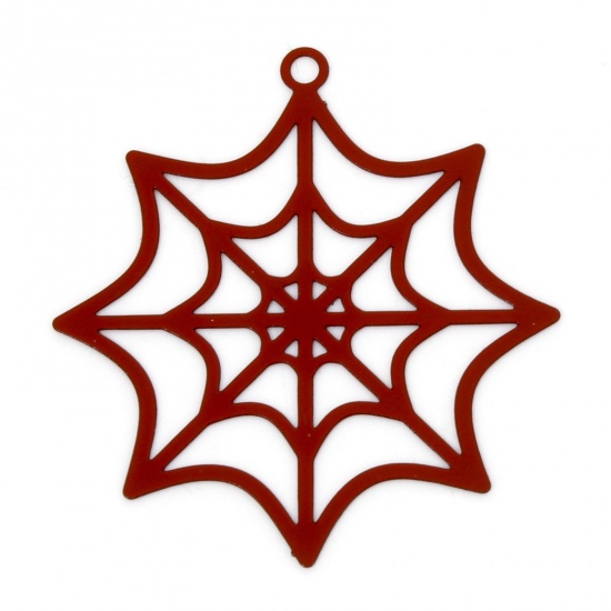 Picture of 10 PCs Iron Based Alloy Halloween Pendants Red Halloween Cobweb Hollow 3.3cm x 3.1cm