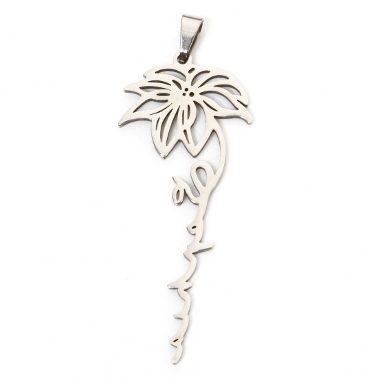 Immagine di 1 Piece Eco-friendly 201 Stainless Steel Birth Month Flower Pendants Silver Tone December Poinsettia Flower Hollow 5.8cm x 2.2cm