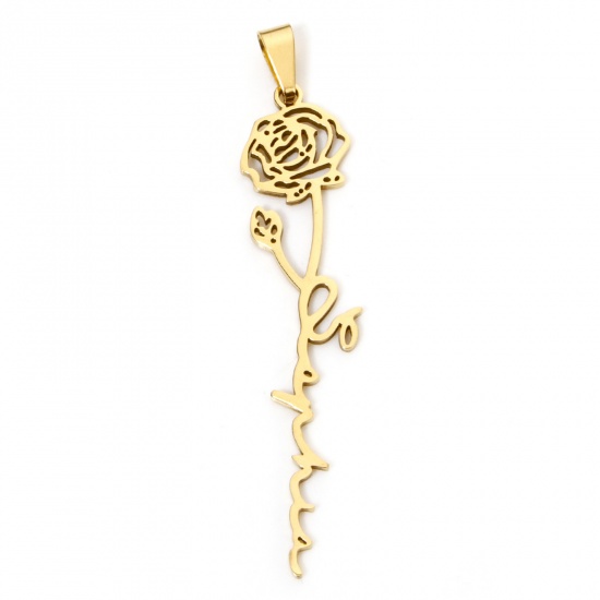 Immagine di 1 Pz Placcatura Sottovuoto 201 Acciaio Inossidabile Giugno Fiore del Mese di Nascita Ciondoli Pendenti Oro Placcato Rosa Filigrana 5.8cm x 1.2cm