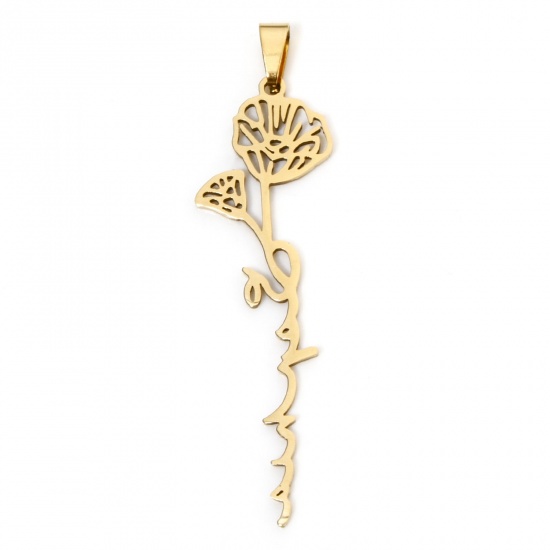 Immagine di 1 Pz Placcatura Sottovuoto 201 Acciaio Inossidabile Agosto Fiore del Mese di Nascita Ciondoli Pendenti Oro Placcato Papavero Filigrana 5.8cm x 1.6cm