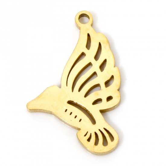 Immagine di 2 Pz Placcatura Sottovuoto 304 Acciaio Inossidabile Reticolato Ciondoli Colibrì Placcato Oro 18K Lucidatura su Entrambi i Lati 20mm x 13mm