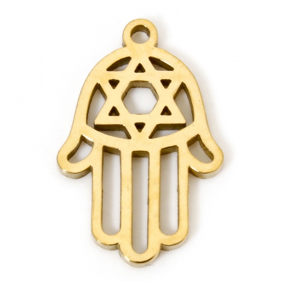 Picture of 2 PCs Vacuum Plating 304 Stainless Steel Cut Out Charms 18K Gold Plated Hamsa Symbol Hand Double-sided Polishing 18mm x 12mm