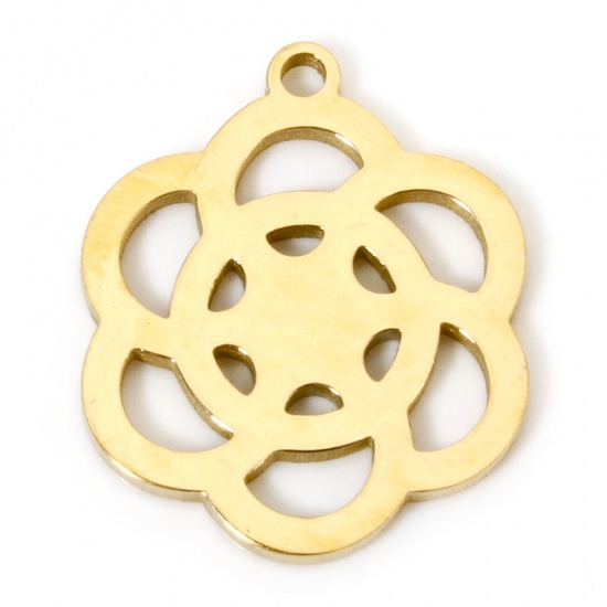 Immagine di 2 Pz Placcatura Sottovuoto 304 Acciaio Inossidabile Reticolato Ciondoli Fiore Placcato Oro 18K Lucidatura su Entrambi i Lati 18mm x 15mm