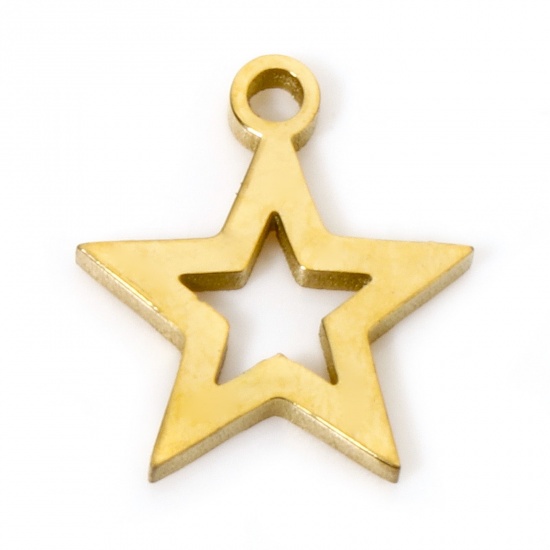 Picture of 2 PCs Vacuum Plating 304 Stainless Steel Cut Out Charms 18K Gold Plated Pentagram Star Double-sided Polishing 12mm x 11mm