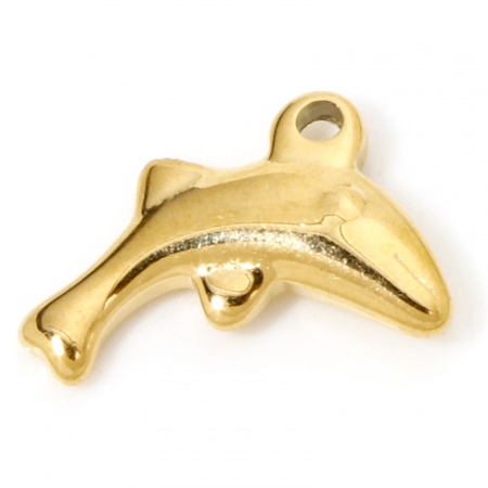 Picture of 1 Piece Vacuum Plating 304 Stainless Steel Ocean Jewelry Charms Gold Plated Dolphin Animal Smooth Blank 17mm x 11mm