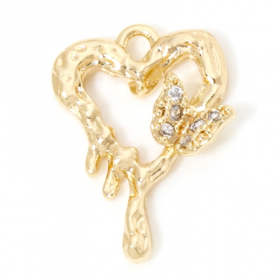 Picture of 1 Piece Eco-friendly Brass Valentine's Day Charms 18K Real Gold Plated Heart Butterfly Micro Pave Clear Cubic Zirconia 20mm x 15mm