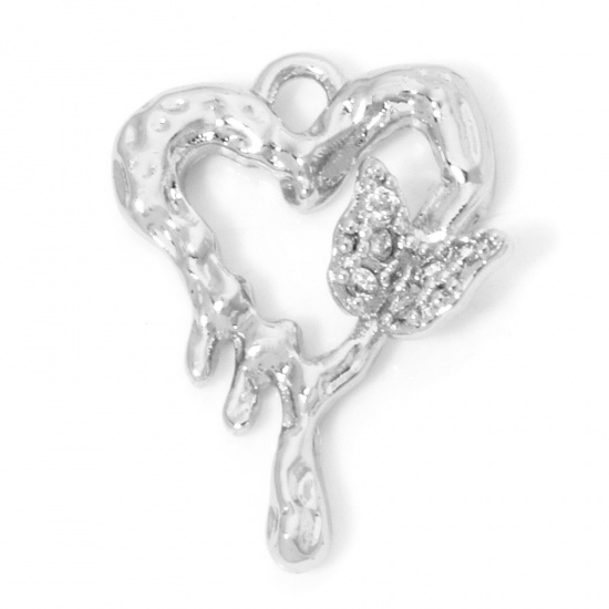 Immagine di 1 Pz Ecologico Ottone San Valentino Ciondoli Cuore Vero Platino Placcato Farfalla Micro Spianare Trasparente Cubic Zirconiae 20mm x 15mm