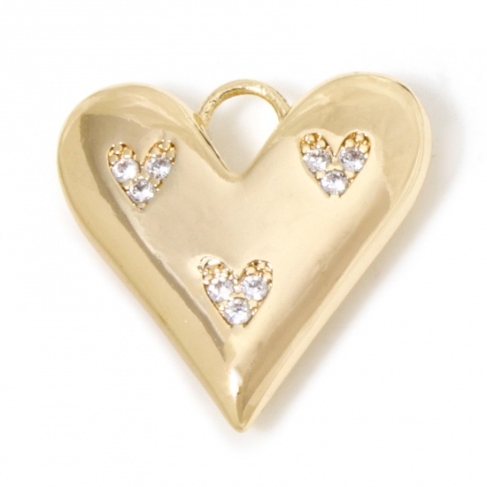 Picture of 1 Piece Eco-friendly Brass Valentine's Day Charms 18K Real Gold Plated Heart Micro Pave Clear Cubic Zirconia 20mm x 20mm