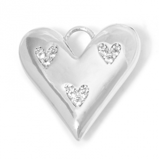 Picture of 1 Piece Eco-friendly Brass Valentine's Day Charms Real Platinum Plated Heart Micro Pave Clear Cubic Zirconia 20mm x 20mm