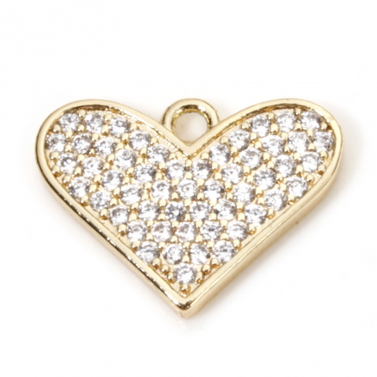 Picture of 1 Piece Eco-friendly Brass Valentine's Day Charms 18K Real Gold Plated Heart Micro Pave Clear Cubic Zirconia 14mm x 10.5mm