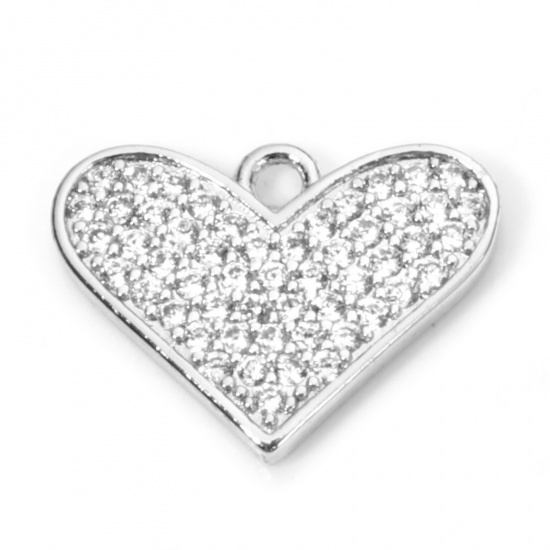 Picture of 1 Piece Eco-friendly Brass Valentine's Day Charms Real Platinum Plated Heart Micro Pave Clear Cubic Zirconia 14mm x 10.5mm