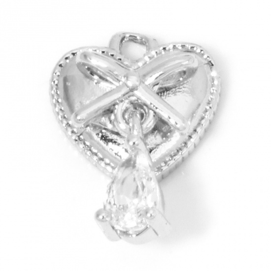 Immagine di 1 Pz Ecologico Ottone San Valentino Ciondoli Cuore Vero Platino Placcato Cravatta a Farfalla Trasparente Cubic Zirconiae 14mm x 10mm