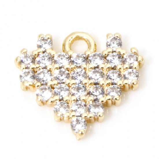 Picture of 1 Piece Eco-friendly Brass Valentine's Day Charms 18K Real Gold Plated Heart Micro Pave Clear Cubic Zirconia 11mm x 10mm