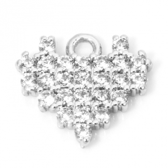 Picture of 1 Piece Eco-friendly Brass Valentine's Day Charms Real Platinum Plated Heart Micro Pave Clear Cubic Zirconia 11mm x 10mm