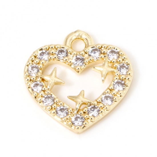 Picture of 2 PCs Eco-friendly Brass Valentine's Day Charms 18K Real Gold Plated Heart Star Micro Pave Clear Cubic Zirconia 12mm x 11.5mm