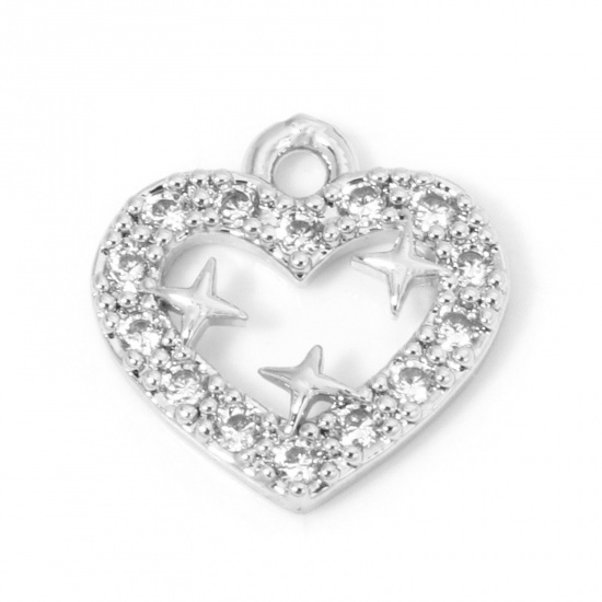 Picture of 2 PCs Eco-friendly Brass Valentine's Day Charms Real Platinum Plated Heart Star Micro Pave Clear Cubic Zirconia 12mm x 11.5mm