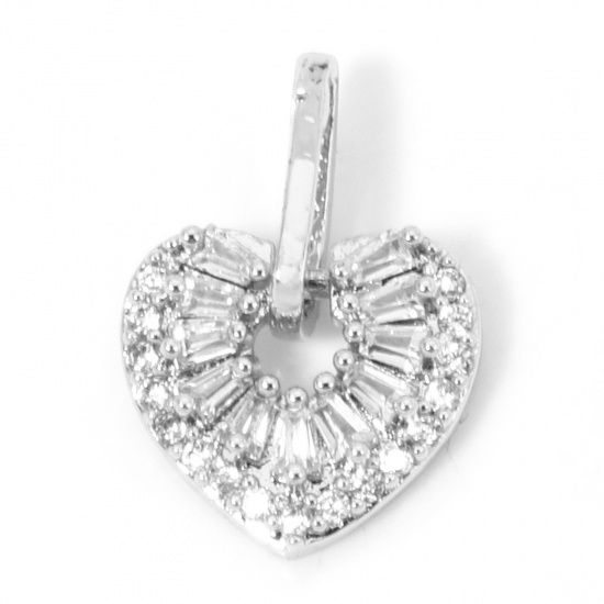 Immagine di 1 Pz Ecologico Ottone San Valentino Ciondoli Cuore Vero Platino Placcato Micro Spianare Trasparente Cubic Zirconiae 16mm x 11.5mm