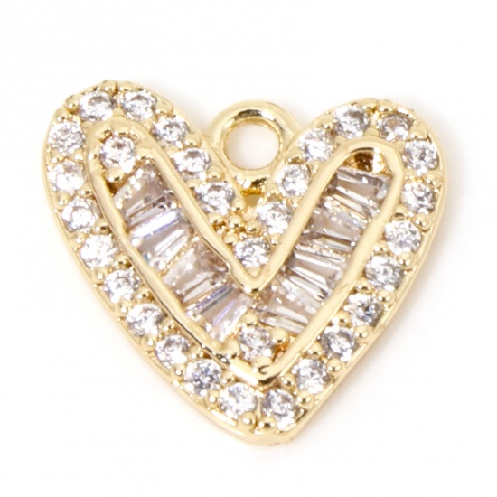 Picture of 1 Piece Eco-friendly Brass Valentine's Day Charms 18K Real Gold Plated Heart Micro Pave Clear Cubic Zirconia 12mm x 11mm