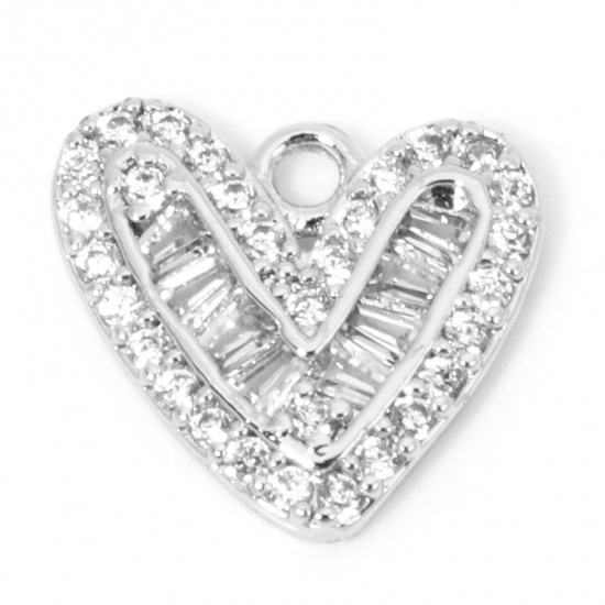 Picture of 1 Piece Eco-friendly Brass Valentine's Day Charms Real Platinum Plated Heart Micro Pave Clear Cubic Zirconia 12mm x 11mm